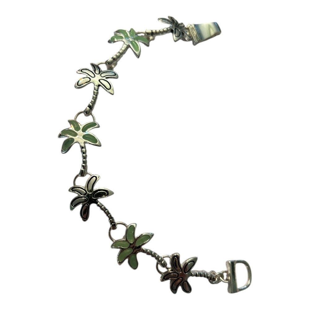 Chic Silvertone Bracelet with Green Palm Tree Charms - Picture 2 of 2